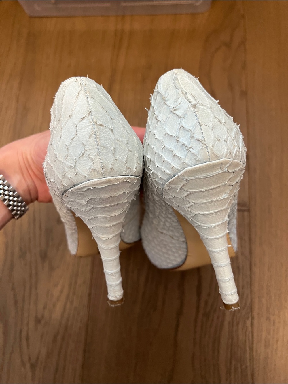 White Textured Pointed-Toe Pumps - Picture 8 of 8